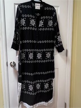 Gallabia Women's Black White Cotton Kaftan Dress White Maxi Length Size Medium